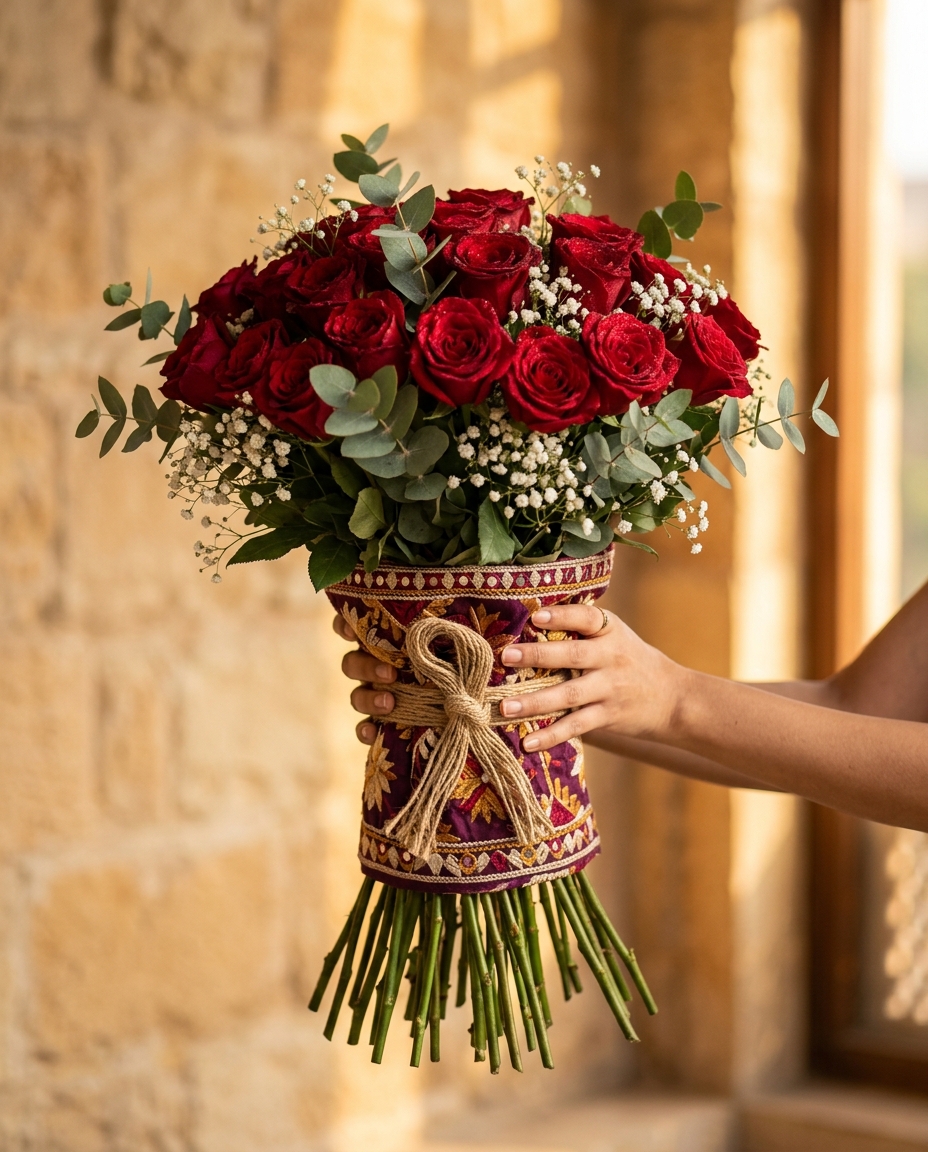 Darbar rose bouquet detail in plum phulkari wrap